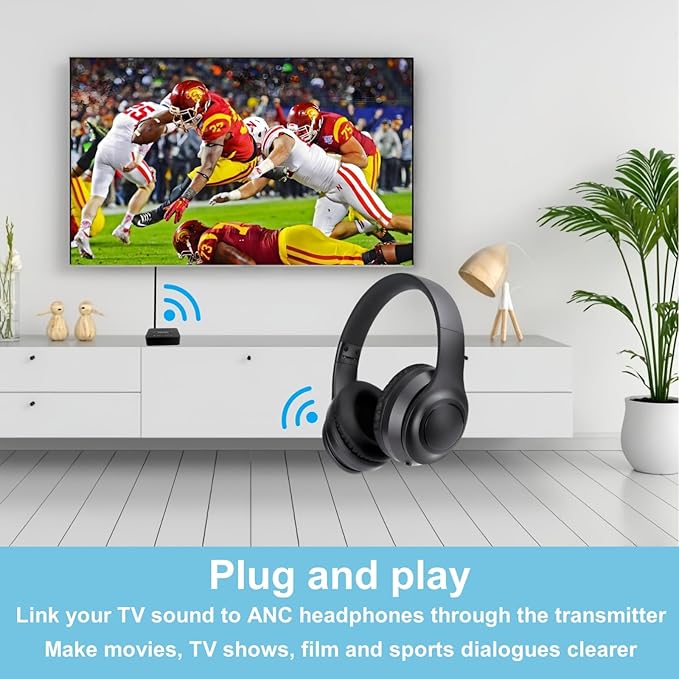 ANC Wireless Headphones for TV, Foldable Headphones for Traveling, Headset with Bluetooth Transmitter, Optical (Toslink), Coaxial, RCA, 3.5mm AUX and USB Audio Output, TV Headset Wireless for Seniors
