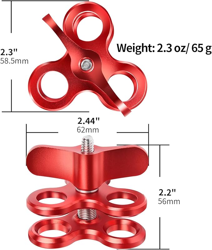 3-Hole 1" Aluminum Underwater Camera Clamp Ball Mount (2-Pack) - Underwater Bracket for Diving Light Arms & Camera Trays, Saltwater-Resistant Adapter for Scuba Photography/Videography Gear