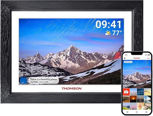 THOMSON Digital Picture Frame, Digital Photo Frame WiFi with 32 GB, HD IPS Touch Screen, Auto-Rotate, Slideshow, Share Photos/Videos from Phone by App (10.1Inch Wood)