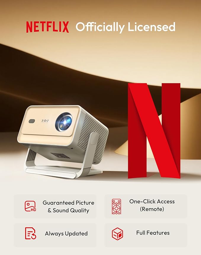 Xgody Netflix Certified Native 1080P Full HD Projector 700ANSI High Brightness, 4-Way Auto-Aligning & Voice Controlled Gimbal N6 PRO Smart Projector, WiFi 6, Bluetooth 5.4, Perfect for Bedroom