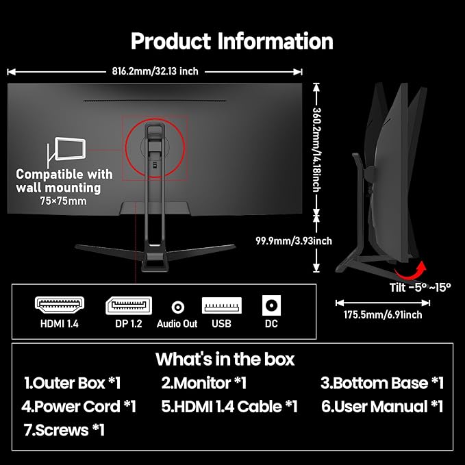 Gaming Monitor 34 inch IPS 120Hz, Ultrawide PC Screen 2560×1080P Ultra-Thin Zero Frame Computer Display for Home Office Business, DP, HDMI, Wall-Mounted, Black