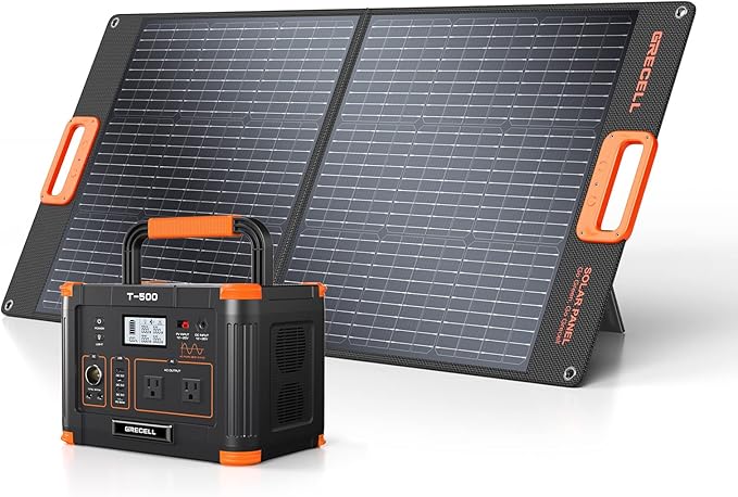 519Wh Outdoor Solar Generator with 100W Portable Solar Panel 20V, Portable Power Station 500W(Peak 1000W) Backup Battery Pack Solar Kit for RV/Van Camping Fishing Climbing Road Trip Home Emergency