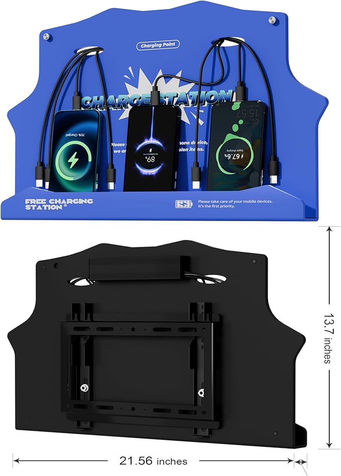 Wall Mounted Cell Phone Charging Station with 8-Port High-Speed Cables – Universal Dock for Apple, Type-C & Android Devices – Ideal for Airports, Hotels, Malls, Offices, Schools (Blue)