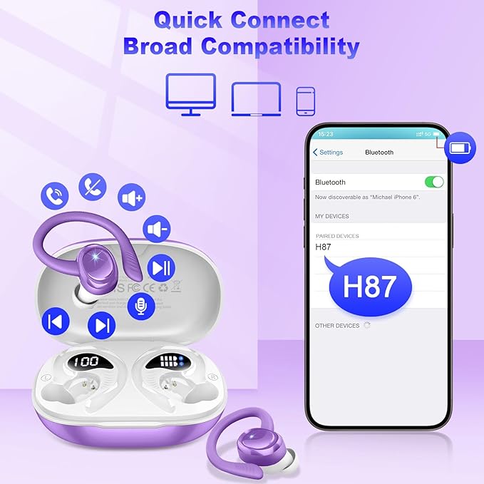 Wireless Earbuds Sport, 2025 Bluetooth 5.4 Headphones with Earhooks, 50H Stereo Deep Bass Over Ear Buds with 4 ENC Noise Canceling Mics, IP7 Waterproof Earphones for Running Workout Gym -Purple