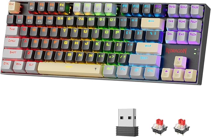 Redragon Wireless Gaming Keyboard, BT/2.4Ghz Tri-Mode Mechanical Keyboard with Aluminum Pannel, Hot-Swap Red Switch, Programmable 87 Keys TKL, LED Rainbow Backlit - K552LGY-KRS (Eclipse Gilded)