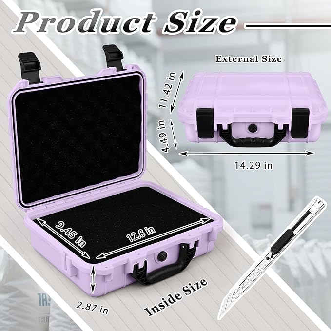 14.3 x 11.4 x 4.5 Inch Waterproof Hard Case with DIY Customizable Foam Insert Portable Protective Case with Knife for Camera Drones Equipments Tools Test Instruments (Purple)