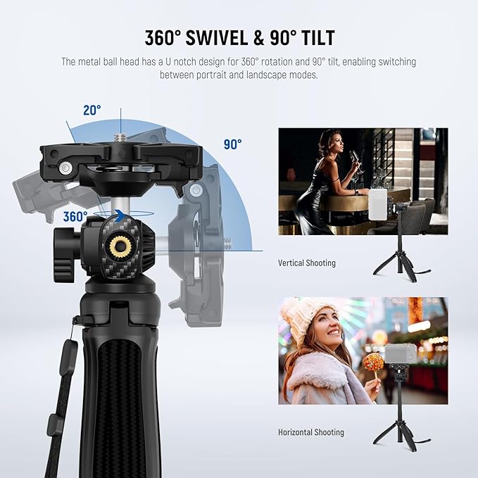 NEEWER TP38 Phone Camera Tripod, 15" Extendable Selfie Stick Metal Stand with Phone Holder, Action Camera Adapter Compatible with Hero 12 11 10 9, 360° Ball Head Travel Tripod for Vlogging