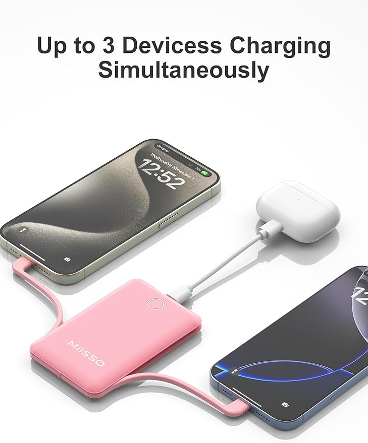 10000mAh Compatible with iPhone 15/16/17 (Only) Slim Portable Charger with Built in Cable, Power Bank Travel Charger External Battery Pack for Phone, 3 Output USB Type C Cord Clutch Charger, Pink