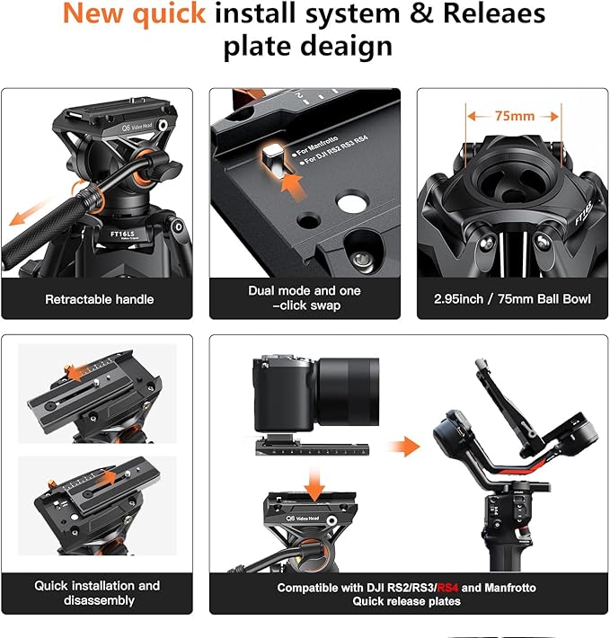 Video Tripod, COMAN 74" Professional Metal Heavy Duty Camera Tripods with Adjustable Damping Fluid Head, Dual-Mode QR Plate Compatible with DJI RS4 Manfrotto (Q6 New Fluid Head)