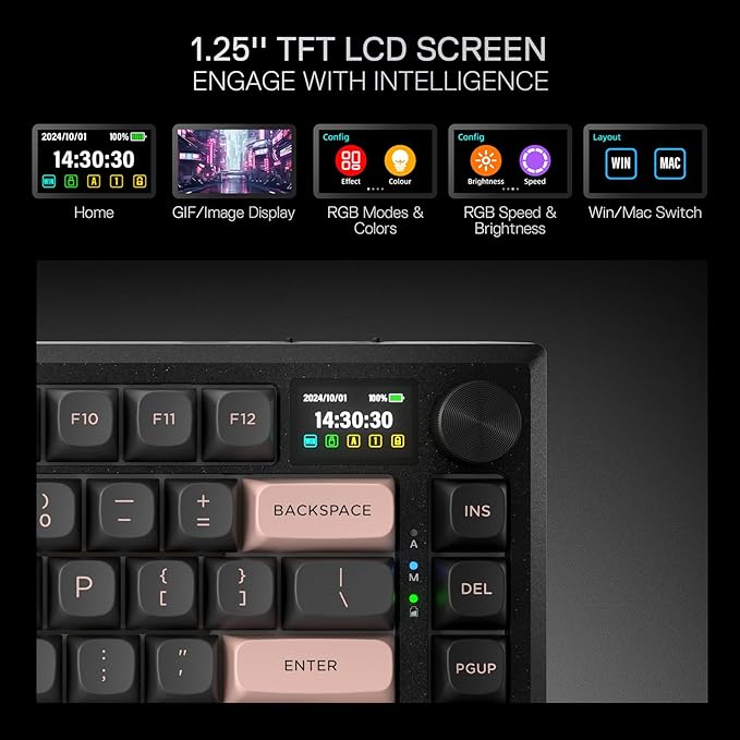 Redragon K720 Wireless CNC Gasket Gaming Keyboard w/Hype Screen & Knob, 81 Keys Mechanical Keyboard, Smart 1.14’’ TFT Info Display, 5-Layer Noise Dampening, Custom Linear Switch, Dawn Sakura Color