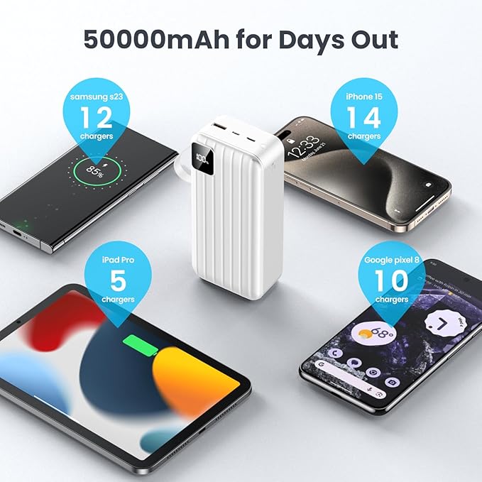 Portable Charger 50000mAh Power Bank with 2 Built-in Cable,22.5W Fast Charging External Battery Pack,LED Display USB-C Portable Cell Phone Charger for iPhone 16/15/14/13 Pro,Android,Samsung Galaxy,Etc
