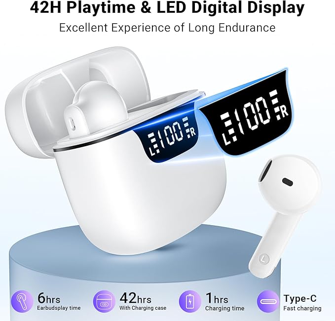 Wireless Earbuds, Bluetooth 5.4 Headphones with 42H Ultralight Ear Buds,Bluetooth Earbuds with 4 ENC Noise Cancelling Mics, HiFi Deep Bass Dual LED Display USB-C, Waterproof Earphones for Android iOS