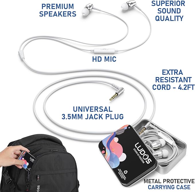 LUDOS OMNITONE Wired Earbuds in-Ear Headphones, 5 Years Warranty, Earphones with Microphone, 3.5 mm Jack Corded Ear Buds, Videoconference for iPhone, Samsung, Laptop, Kids, School Students - White