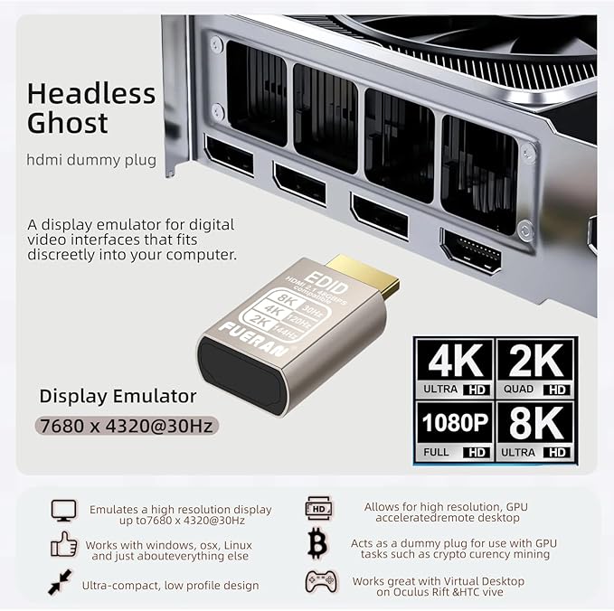 4K 120Hz HDMI 2.1 Dummy Plug,Virtual Display Emulator,displayport Dummy Plug 4k 120hz,Headless Ghost Display Adapter,8K EDID Monitor 3840x2160@120HZ (8K-30Hz-9P)