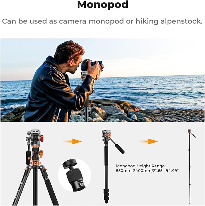 K&F CONCEPT 90''/230cm Overhead Camera Tripod, Horizontal Shooting Video Tripods with Fluid Head Heavy Duty 10KG Load Capacity, Detachable Monopod, for Indoor and Outdoor Use T254A7+FH-03