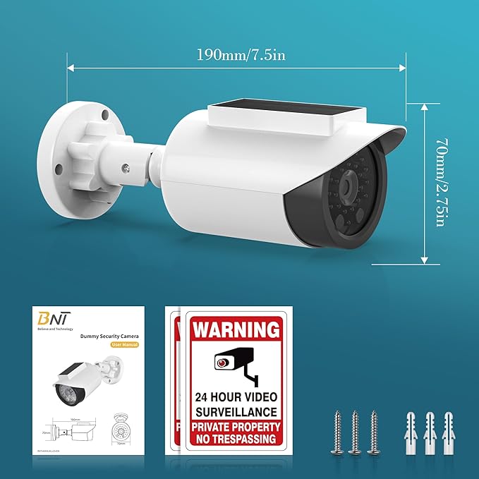 BNT Solar Powered Fake Security Camera, Bullet Shape Fake Surveillance Camera with Red LED Light for Night, Security Warning Sticker, for Outdoor Safety Alert (White 2Pack,Battery not Included)