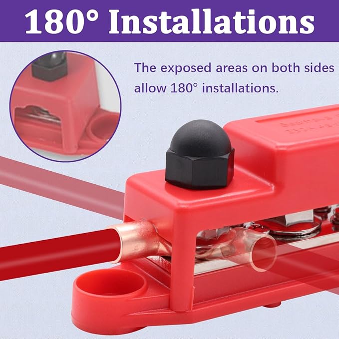 250A 12V Bus Bar Marine Power Distribution Block with Cover with 4 x 3/8”Post 6 x #8 Screws Terminals,Battery Bus Bar (Pair, Red & Black),Automotive Busbars 12 Volt for Car Boat Solar Wiring