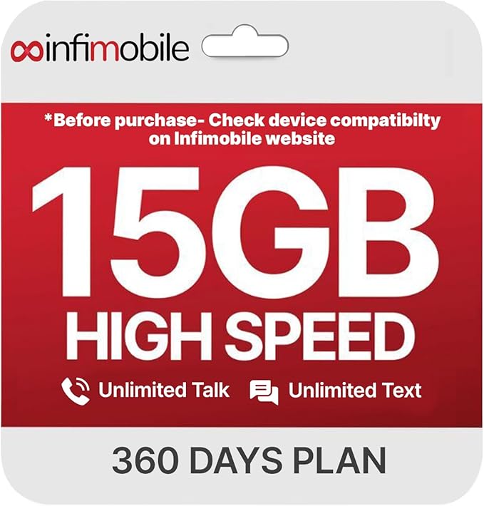 $12.50/Month | Infimobile Prepaid Unlimited Plan: 12 Months | 15GB High-Speed Data Per Month | Unlimited Data Talk & Text | Prepaid Plan Service SIM Card | Nationwide Coverage | 4G, 5G Network