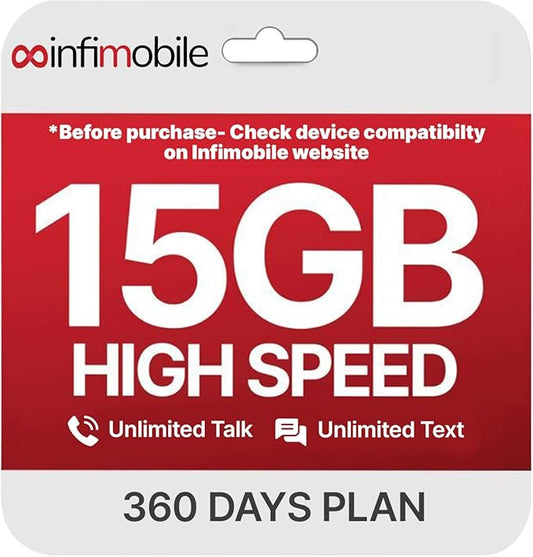 $12.50/Month | Infimobile Prepaid Unlimited Plan: 12 Months | 15GB High-Speed Data Per Month | Unlimited Data Talk & Text | Prepaid Plan Service SIM Card | Nationwide Coverage | 4G, 5G Network