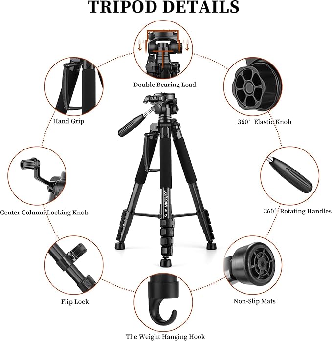 JOILCAN Tripod Camera Tripods, 74" Tripod for Camera Phone Video Recording, Heavy Duty Cameras Tripod Stand, Professional Travel DSLR Tripods Compatible with Canon iPhone, Max Load 15 LB