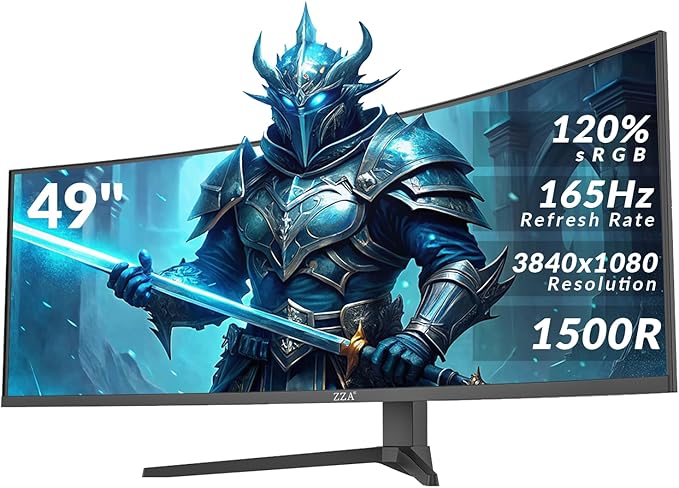 ZZA 49" Curved Gaming Monitor 144/165Hz Ultrawide 32:9 DFHD 3840 x 1080P,Ultrawide Monitor, 1500R, 120% sRGB, HDMI 2.1 & DP 1.4, Height Adjustable