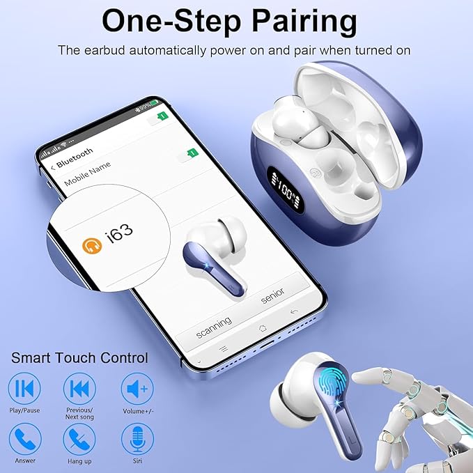 Wireless Earbuds, Bluetooth Headphones 5.3 HiFi Stereo Ear buds with ENC Noise Cancelling Mic, 40H Bluetooth Earbuds with Dual LED Display Charging Case, IP7 Waterproof Earphones for Android iOS, Blue