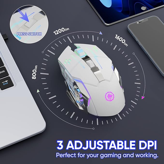 Wireless Gaming Mouse Bluetooth Mouse RGB Rechargeable 2.4G USB Cordless Computer Mice with 7 Color Backlit, 6 Buttons & Silent Click for Laptop, iPad, Mac OS, PC, Windows -White
