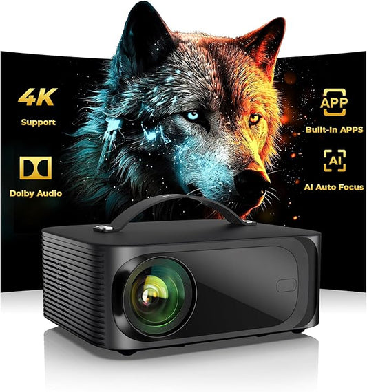[1500 ANSI/Auto Focus/Built-in APPs] Outdoor-Projector-4K with Wifi6 and Bluetooth, Smart TV OS & DoIby, Portable Projector with Netflix/YouTube/PrimeVideo, ONOAYO 1080P Proyector with 300 ''Display