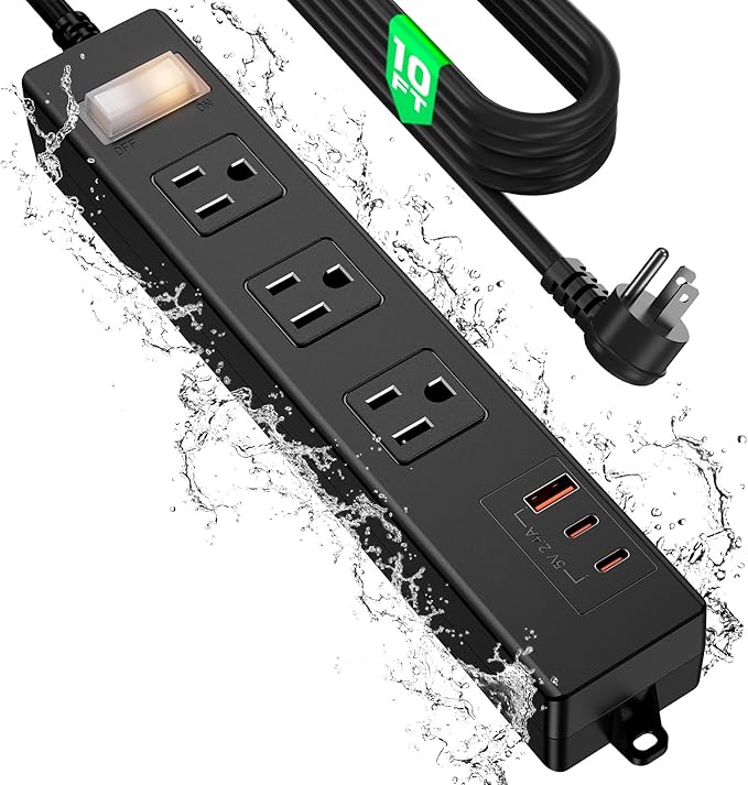 VNJ Outdoor Power Strip with 3AC Outlets + 3USB Ports, IPX6 Waterproof Surge Protector, Safety Lock Design and ETL-Certified Cables, 10FT Extension Cord for Home, Garden, and Commercial Use