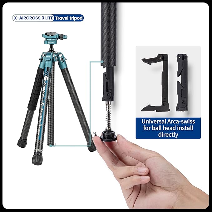 Fotopro Carbon Fiber Tripod 60 Inch 360 Degree Ball Head Quick Release Plate Lightweight Travel Tripod, Max Loads up to 17.6lbs, Blue