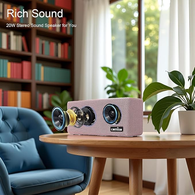 comiso Bluetooth Speakers, Portable Speaker 5.0 with 20W Stereo Sound, Wireless Stereo Pairing, Wood Bluetooth Audio with Subwoofer, 24H Playtime, Hands-Free, Great for Office, Home, Outdoor(Pink)