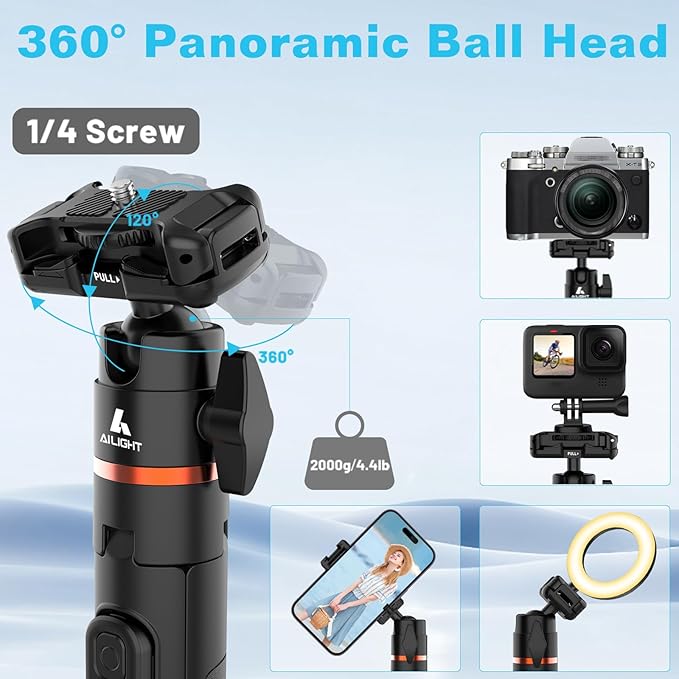 Ailight 60" Extendable Travel Tripod & Selfie Stick with Cold Shoe & Wireless Remote, 360° Ball Head for Vlogging - Lightweight Phone Tripod for iPhone