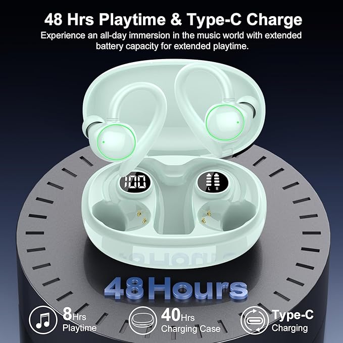 Wireless Earbuds, Bluetooth Ear Buds Sport, Stereo Deep Bass Over Ear Buds with Earhooks, In Ear Earphones with 4 ENC Noise Cancelling Mic, 48H LED Display Headphone for Running, IP7, Light Blue