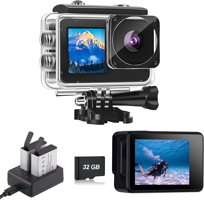 Action Camera with 32GB Memory Card Waterproof Cameras 4*Zoom Dual Screen 131FT(40m) Waterproof Underwater Camera with 2X Batteries and Multifunctional Accessories Action Cam