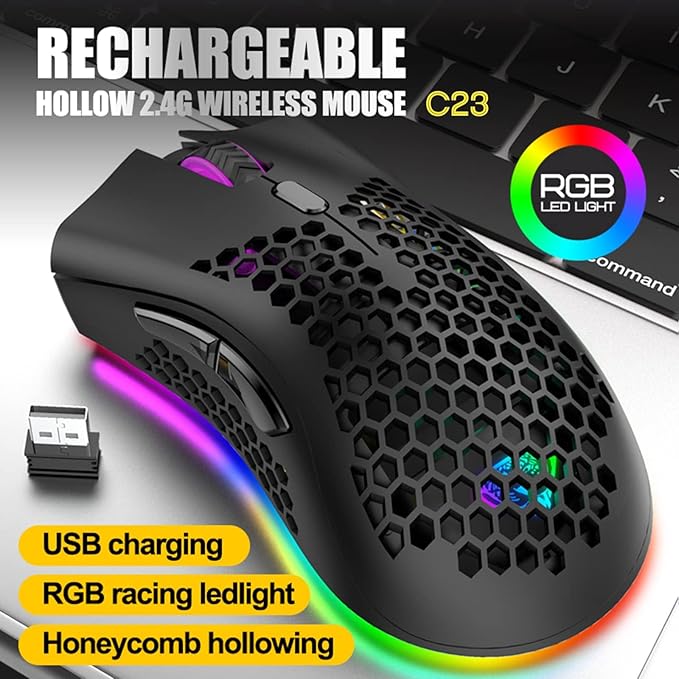 VEGCOO Wireless Gaming Mouse, C23 Silent Click Wireless Rechargeable Mouse with Colorful LED Lights and 3 Level DPI 400mah Lithium Battery for Laptop and Computer (Black)