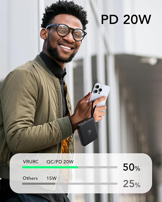 VRURC Portable Charger with Built-in Cable, 10000mAh 22.5W Fast Charging USB C Battery Pack, Cell Phone Power Bank for iPhone 16 15 14 Samsung Galaxy S25 S24 S23 Series Android Tablet, Black(1 Pack)