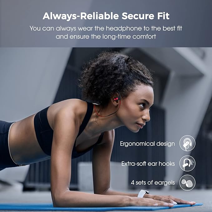 Sport Bluetooth Headphones with Microphone, 16H Deep Bass Running Headphones Wireless, IPX7 Waterproof Wireless Earbuds with Ear Hooks, CVC 6.0 Noise Cancelling Earbuds for Calls, Red