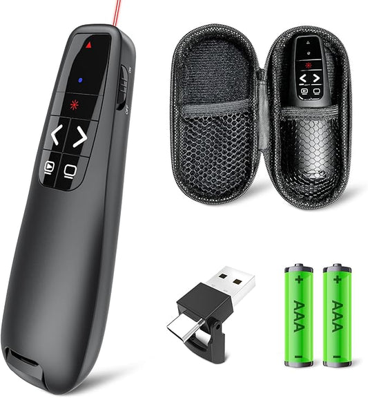 Presentation Clicker with Case Storage: Wireless Presenter Remote: Red Laser Pointer Computer Clickers, USB C PowerPoint PPT Clicker for Mac Laptop, Slideshow Google Slide Advancer