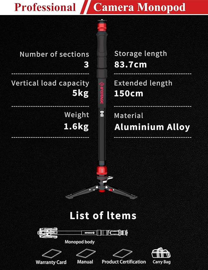 IFOOTAGE Cobra 3 Strike A150S Monopod Camera Stand with Pedal, One-Touch Lifting Quick Release Monopod for Shooting Bird/Animal/Sports Event/Wedding/Live Show, Payload 11lb, 60"/150cm