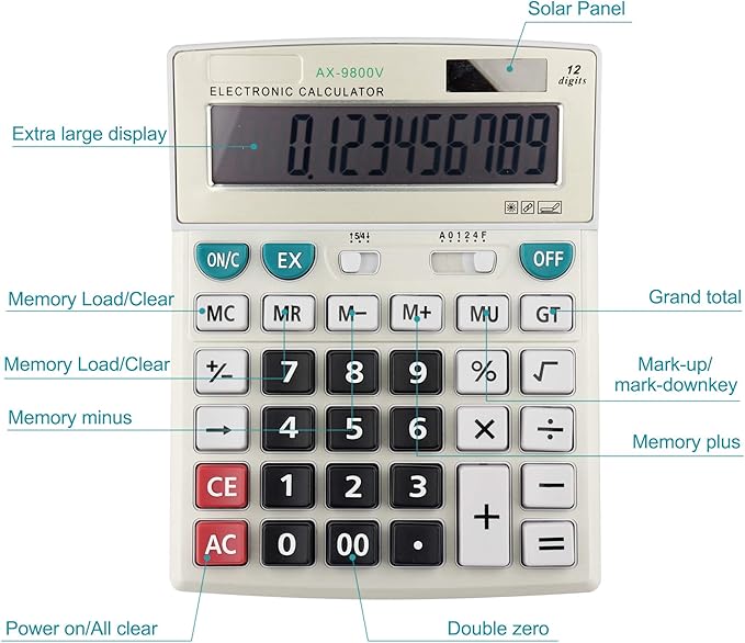 Large Computer Electronic Calculator Counter Solar & Battery Power 12 Digit Display Multi-Functional Big Button for Business Office School Calculating (HY-9800v)