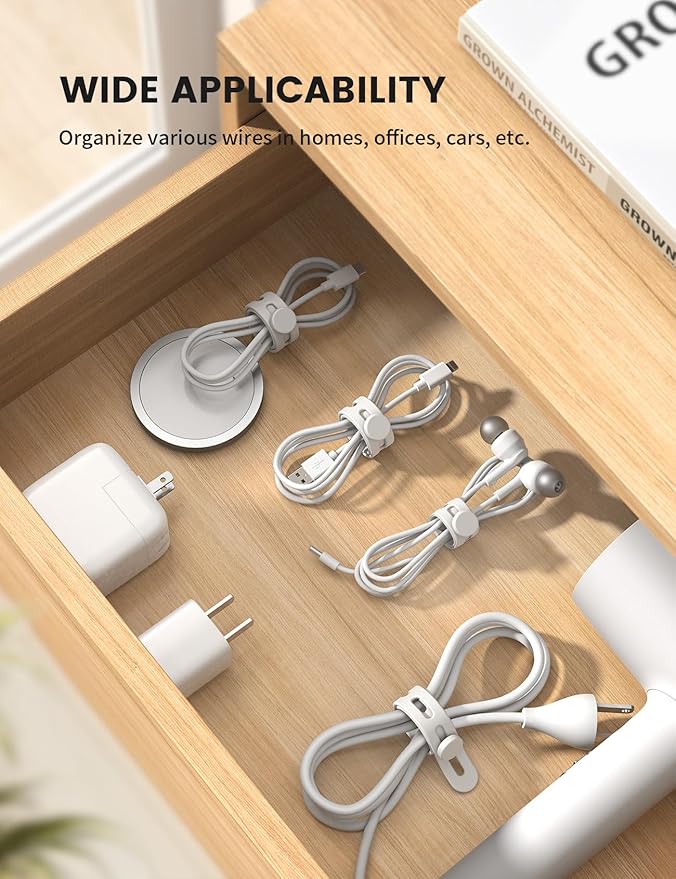 10Pack Silicone Cable Ties Cord Organizer - Lamicall Elastic Wire Ties Management, Desktop Travel Must Haves, Desk Home Office Workspace Accessories, Dorm Room Essentials, White Cord Keeper for Cables