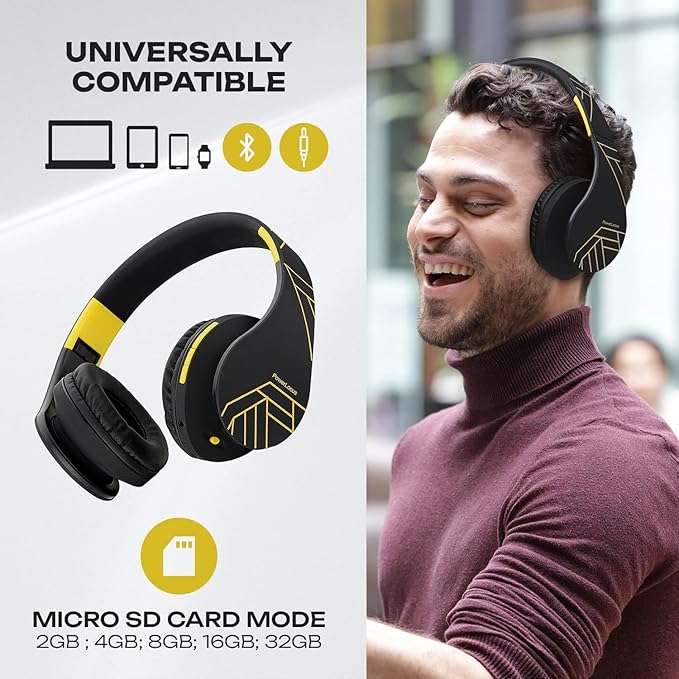 PowerLocus Bluetooth Over-Ear Headphones, Wireless Stereo Foldable Headphones Wireless and Wired Headsets with Built-in Mic, Micro SD/TF, FM for iPhone/Samsung/iPad/PC (Black/Yellow)
