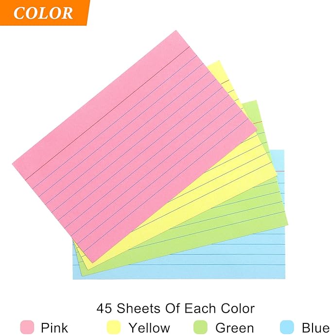 Tamaki Colored Index Cards 3 X 5 Ruled Note Cards Flash Cards for Studying, Home and Office Ruled Index Cards, 180 Count