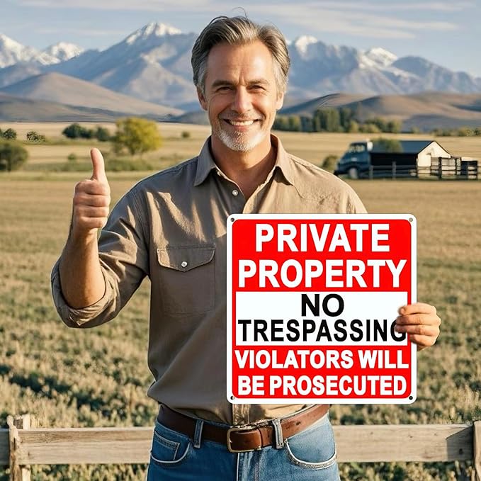 4 Pack Large No Trespassing Signs Private Property, 9.5 Inch x 9.5 Inch Private Property Metal Sign, Rust Resistant Aluminum, With Reflective Material, Durable, Weather Resistant, Easy To Install
