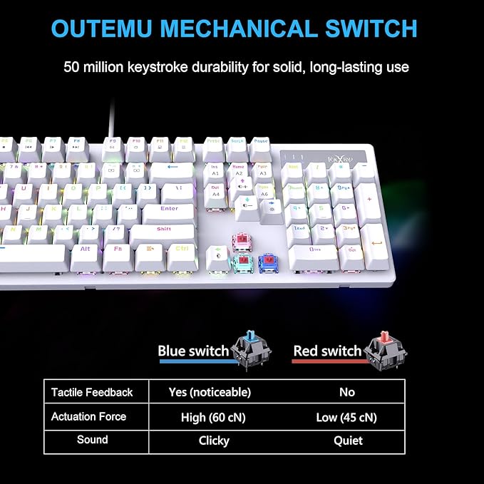 HKM-88 Full-Size Mechanical Gaming Keyboard, Customizable Keys with Macro Support, RGB Backlit, Outemu Red Switches, USB Plug and Play for PC