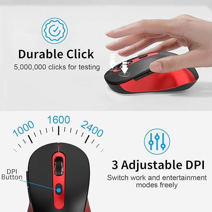 Wireless Mouse for Laptop, PC, Chromebook, Mac, MacBook, Silent Mouse with USB Nano Receiver, Side Button, 2400 DPI, Anti Slip Roller, 6 Button Ergonomics Cordless Computer Mice - Black Red