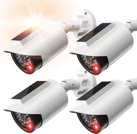 BNT Solar Powered Fake Security Camera, Bullet Shape Fake Surveillance Camera with Red LED Light for Night, Security Warning Sticker, for Outdoor Safety Alert (White 4Pack,Battery not Included)