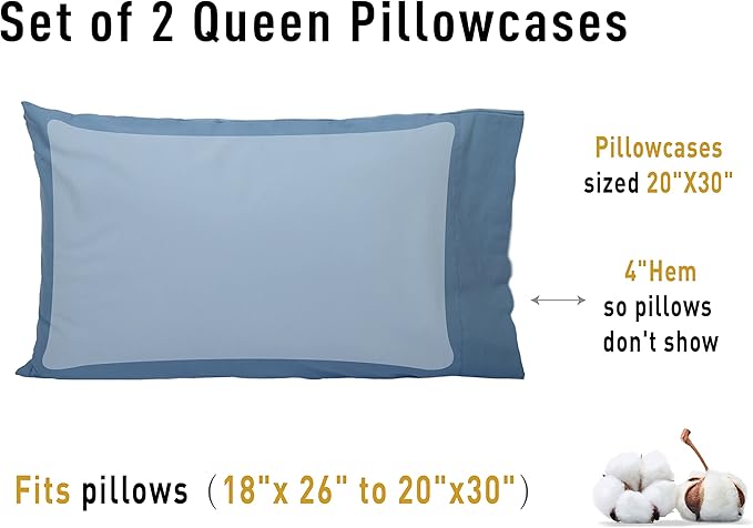 Sunflower Queen Pillowcases Set of 2, 100% Cotton Queen Pillow Cases 2, 20×30 inches Copen Blue, Soft and Breathable