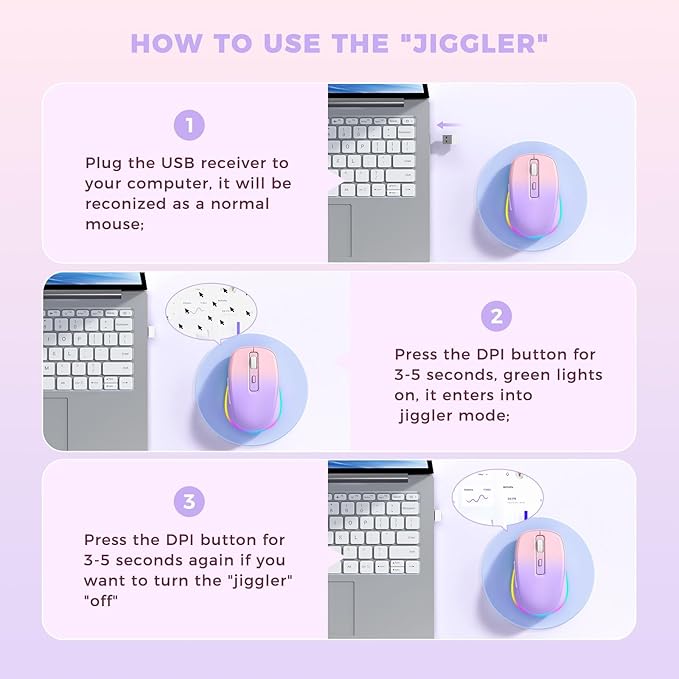 Wireless Mouse Jiggler - LED Wireless Mice with Build-in Mouse Mover, Rechargeable Moving Mouse for Laptop with Undetectable Random Movement Keeps Computers Awake - Purple to Pink