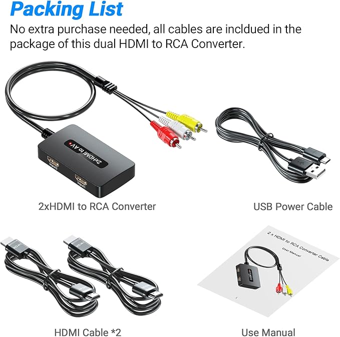 2 x HDMI to RCA Converter, Dual Port HDMI to AV Composite Converter for HD Devices to Display on Old TVs